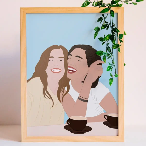 Una ilustración personalizada de dos amigas enmarcada en un marco color madera