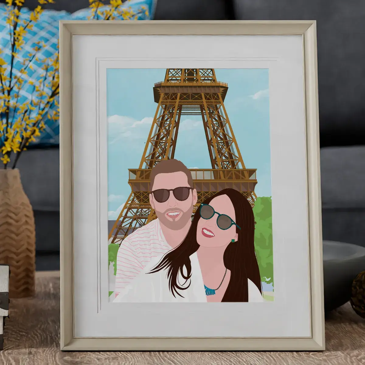 ilustración personalizada de una pareja que visitó la Torre Eiffel en París