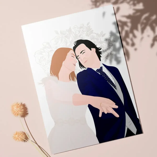 Ilustración personalizada de boda que muestra a una pareja recién casada