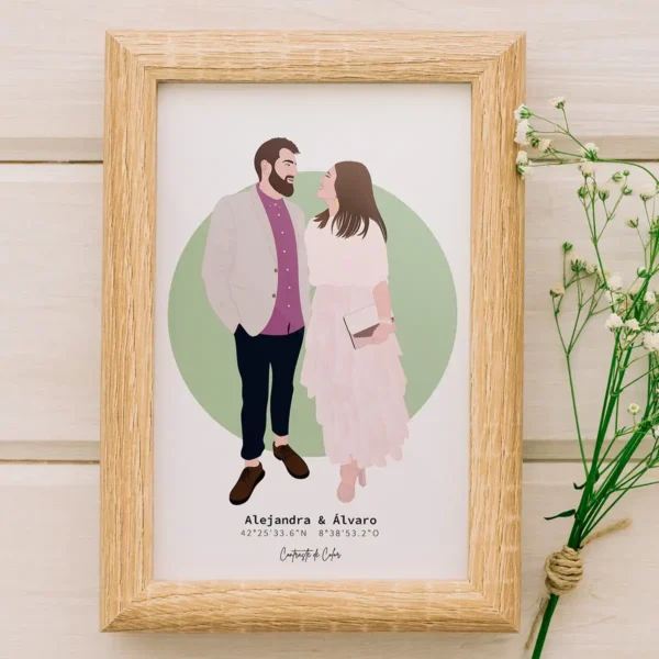 Una ilustración personalizada de boda que muestra a una pareja de novios