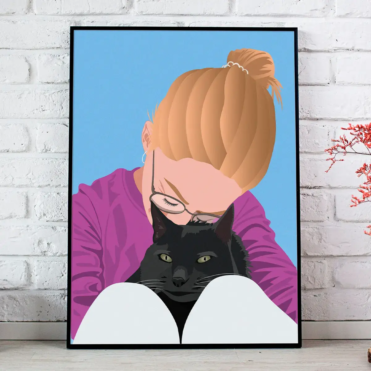 Retrato personalizado que muestra a mujer con su gato