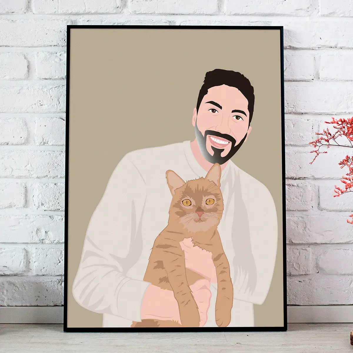 Dibujo personalizado que muestra a hombre con su gato