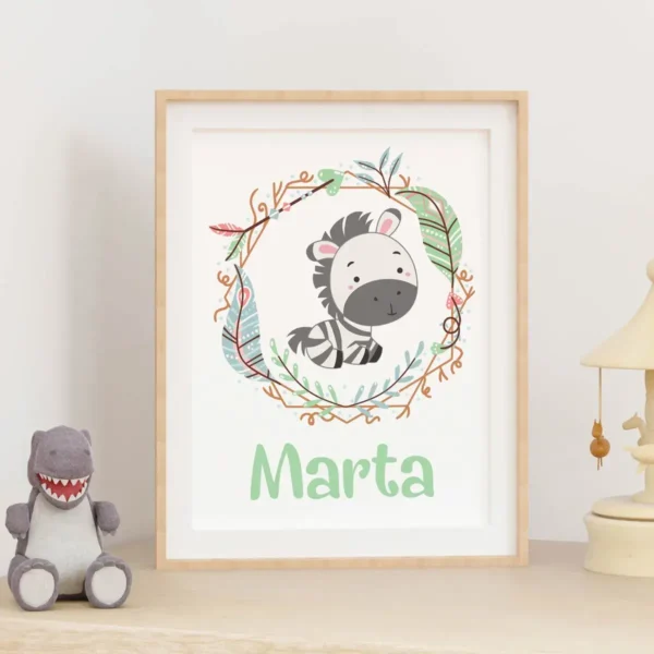 lamina de bebe de animales en la que se ve la ilustración de un cebra y se puede personalizar con el nombre del bebe