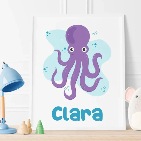 lamina de bebe de animales en la que se ve la ilustración de un pulpo y se puede personalizar con el nombre del bebe