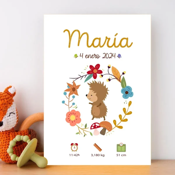 Lámina de nacimiento de bebé con un erizo ilustrado, se puede personalizar con el nombre y los datos del bebé