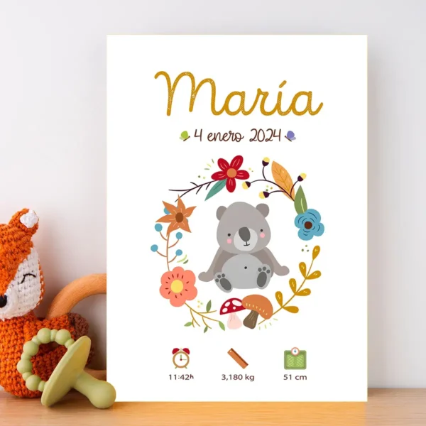 Lámina de nacimiento de bebé con un oso ilustrado, se puede personalizar con el nombre y los datos del bebé