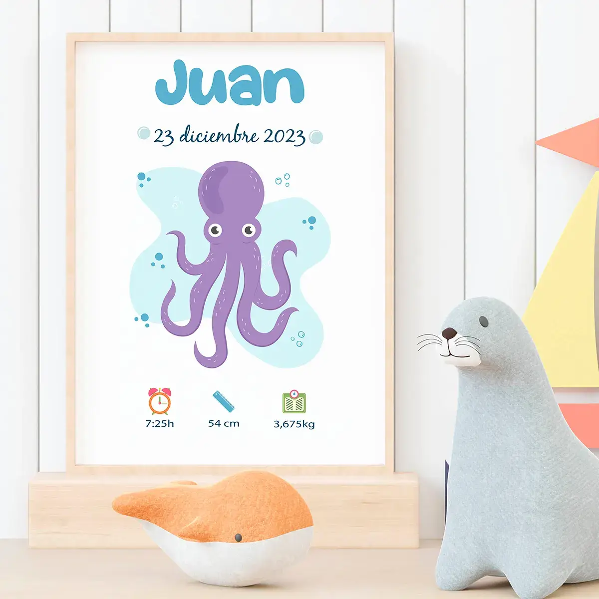 Lámina de nacimiento de bebé con un pulpo ilustrado, se puede personalizar con el nombre y los datos del bebé