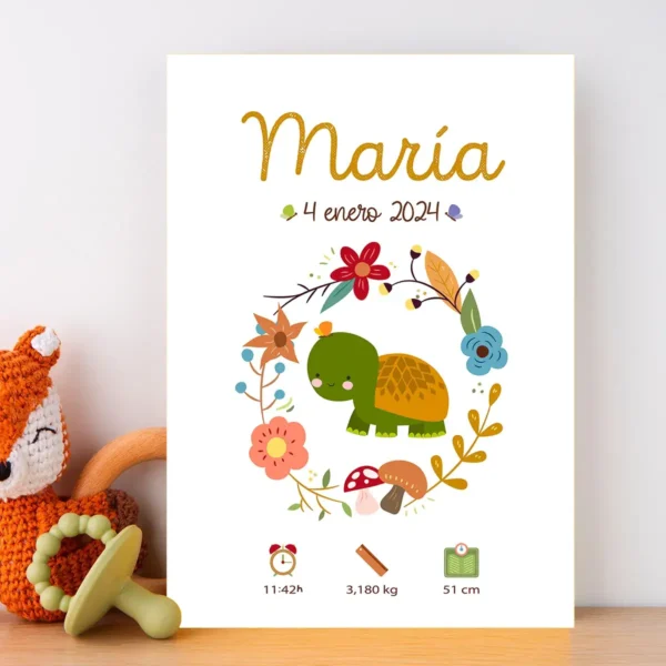 Lámina de nacimiento de bebé con una tortuga ilustrada, se puede personalizar con el nombre y los datos del bebé