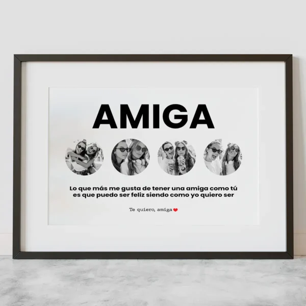 Láminas que muestra cuatro fotos de amigas y una frase dedicatoria